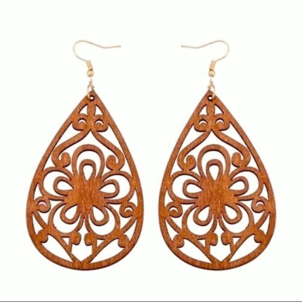 Bohemian wood teardrop laser cut earrings